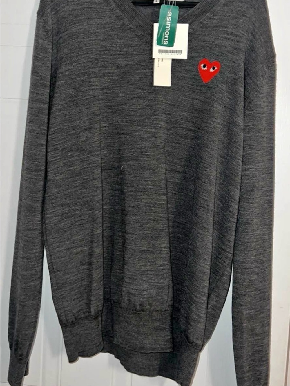 Comme des Garcons PLAY Charcoal V-Neck Sweater with Red Heart Patch